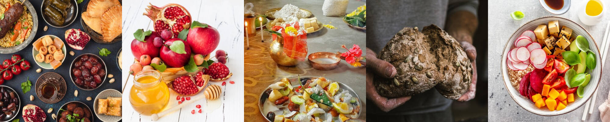 5 images in a banner, each containing different sacred foods.